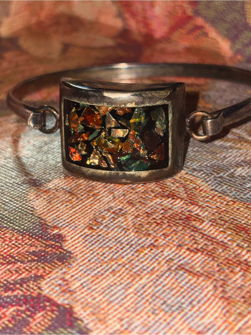 Multicolor Mosaic black opal or mother of pearl. Inlay Sterling Silver Bracelet
